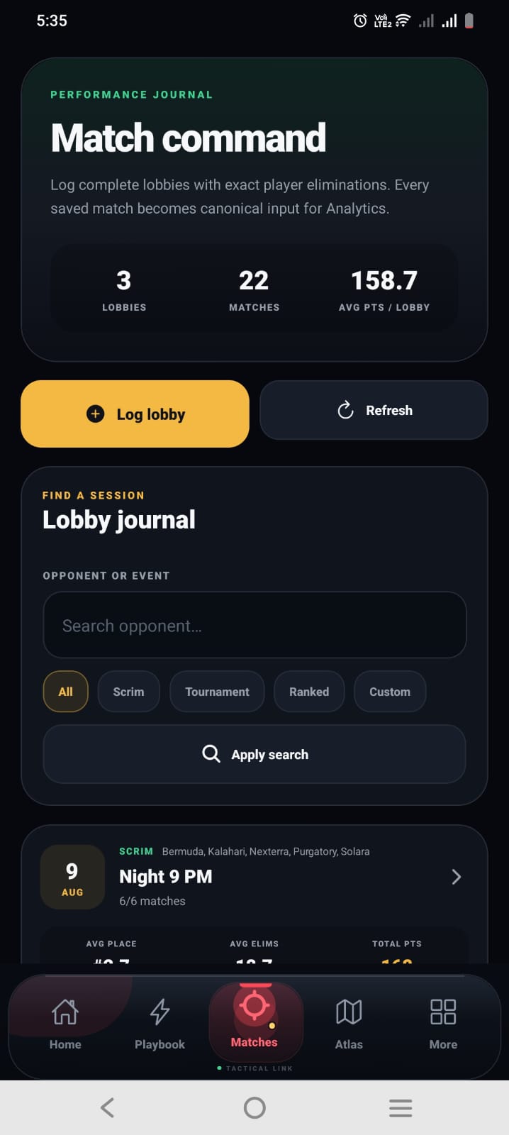 FF TACTIX Match command with lobby journal and performance summary